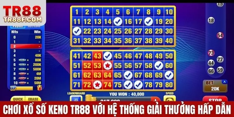 Chơi xổ số Keno TR88 với hệ thống giải thưởng hấp dẫn